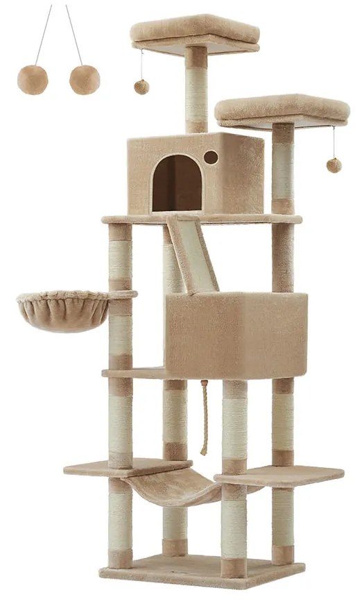 Arranhador Gatos grande 206 cm de altura multi-andares castanho camel