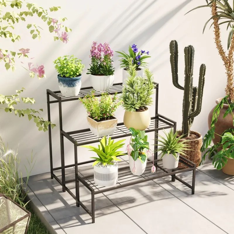 Suporte para Plantas de Três Níveis com Design em Escada e Estrutura Metálica Resistente para Interior e Exterior Preto