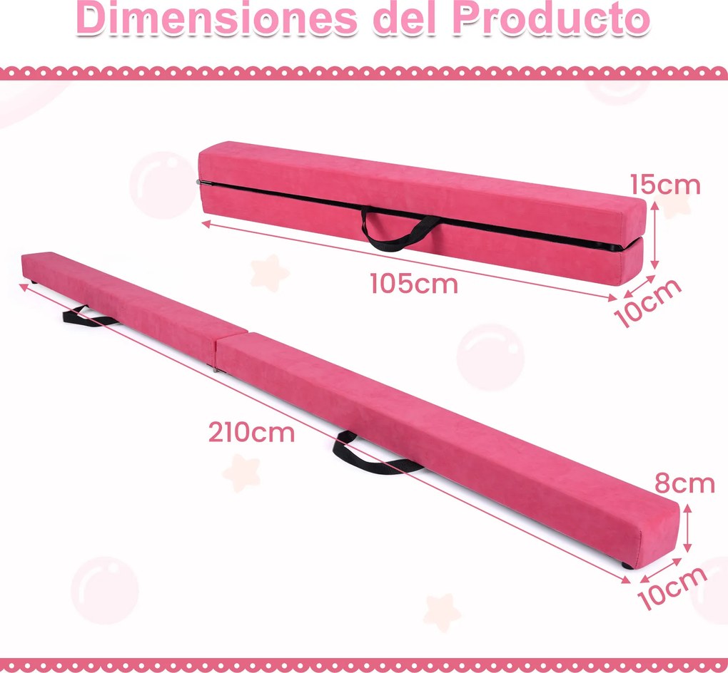 Barra de equilíbrio ginástica dobrável 210 x 10 x 7,5 cm, com base em espuma e madeira antiderrapante, portátil com pega, para uso doméstico, rosa esc