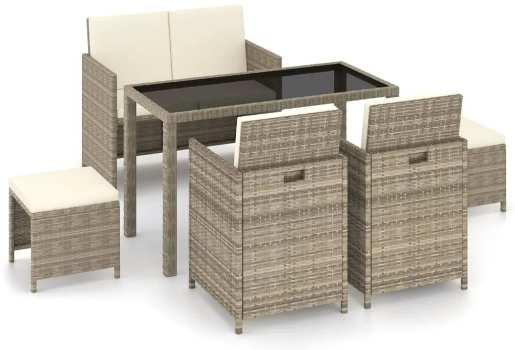 vidaXL 6 pcs conjunto jantar exterior com almofadões vime PE bege