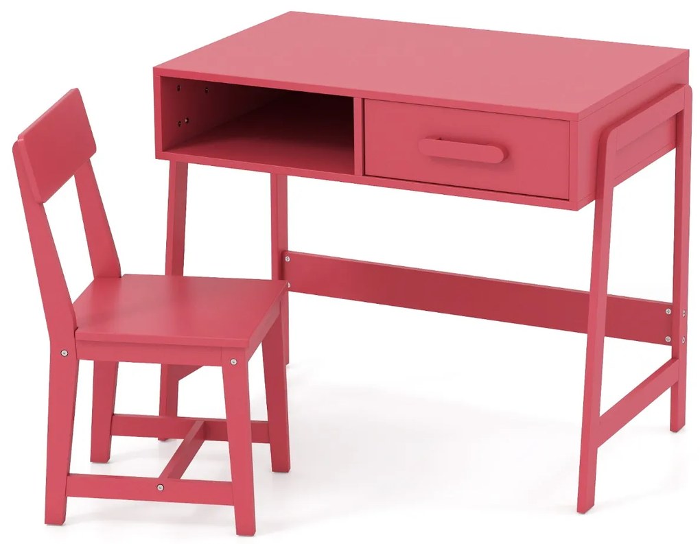 Conjunto de secretária e cadeira para crianças com gaveta e estante Rosa