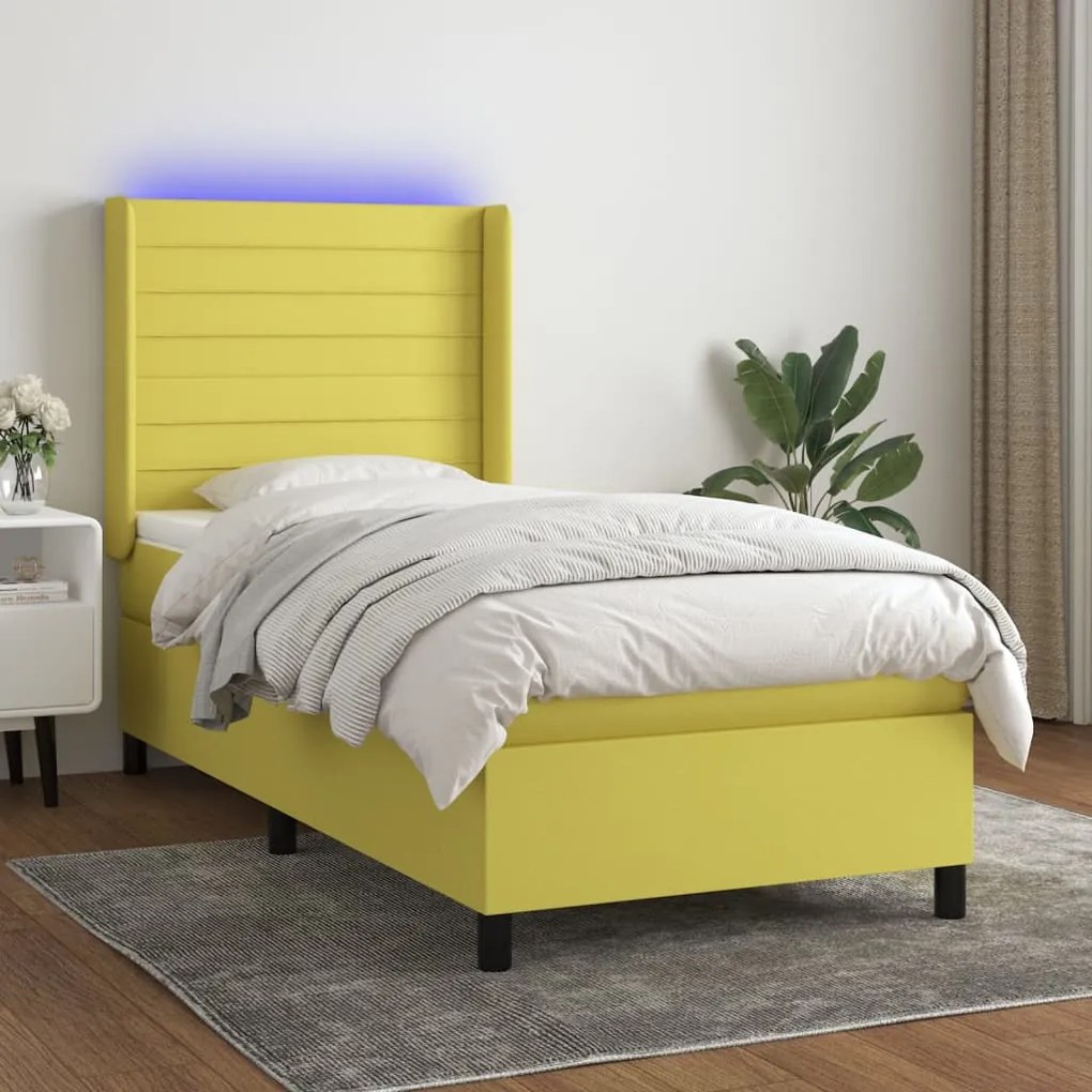 vidaXL Cama box spring c/ colchão e LED 90x190 cm tecido verde