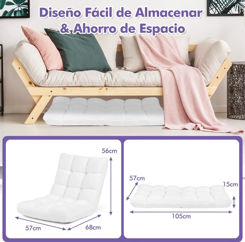 Cadeira chão dobrável Encosto ajustável 14 posições para quarto Sala 105 x 56 x 15 cm Branco
