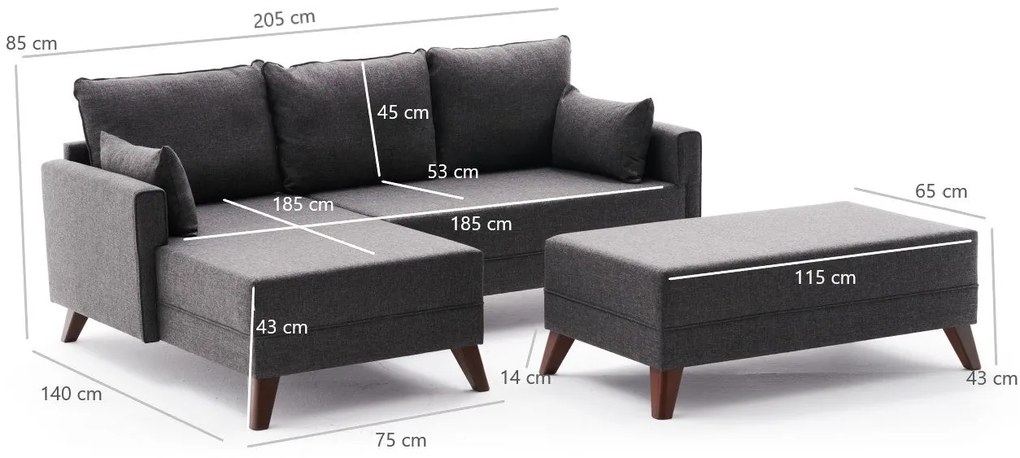 Sofá-Cama de Canto Bella – Antracite – 205 cm x 85 cm x 81 cm