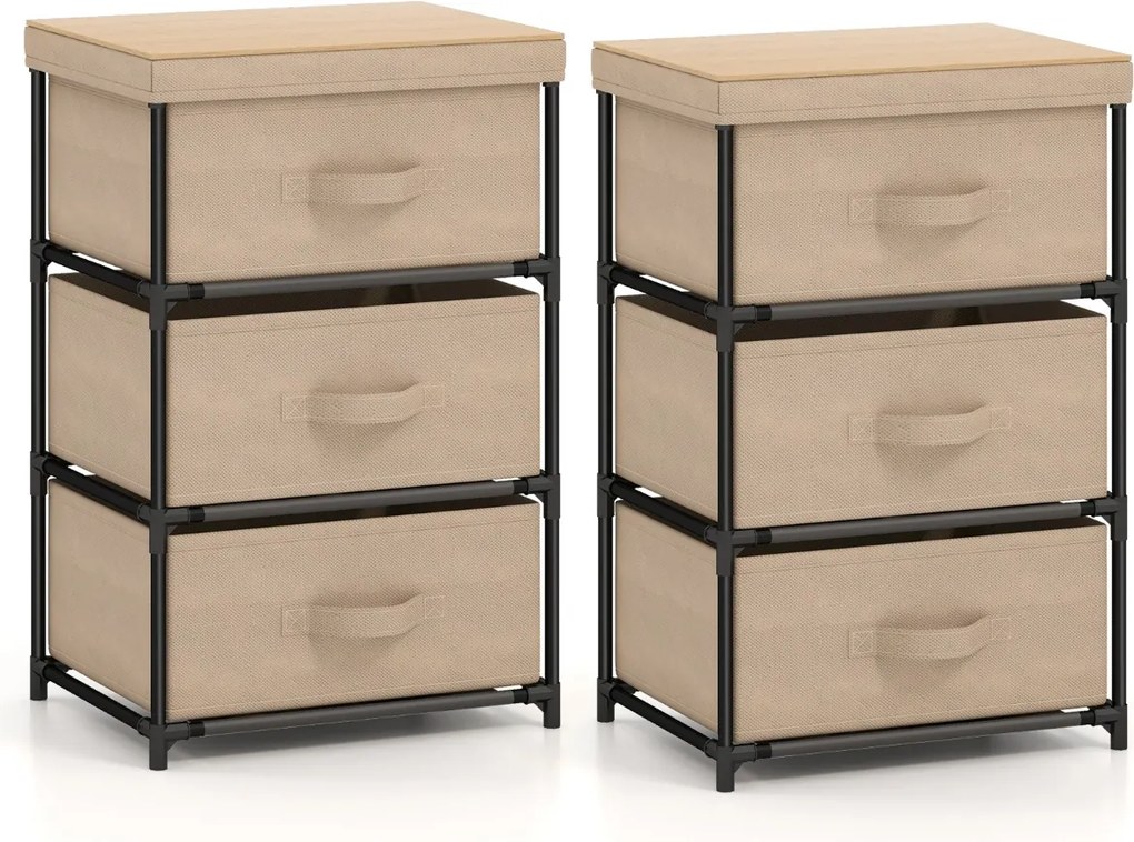 Conjunto 2 mesas de cabeçeira de tecido 40 cm x 30 cm x 62 cm com 3 gavetas Estrutura metálica para quarto Café