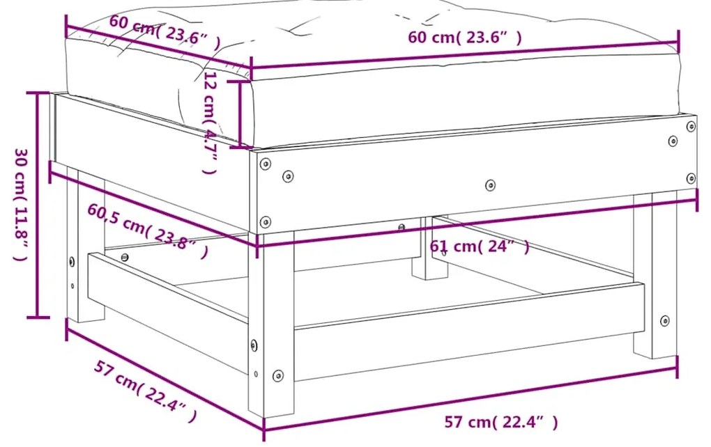 Apoios de pés p/ jardim c/ almofadões 2 pcs pinho maciço branco