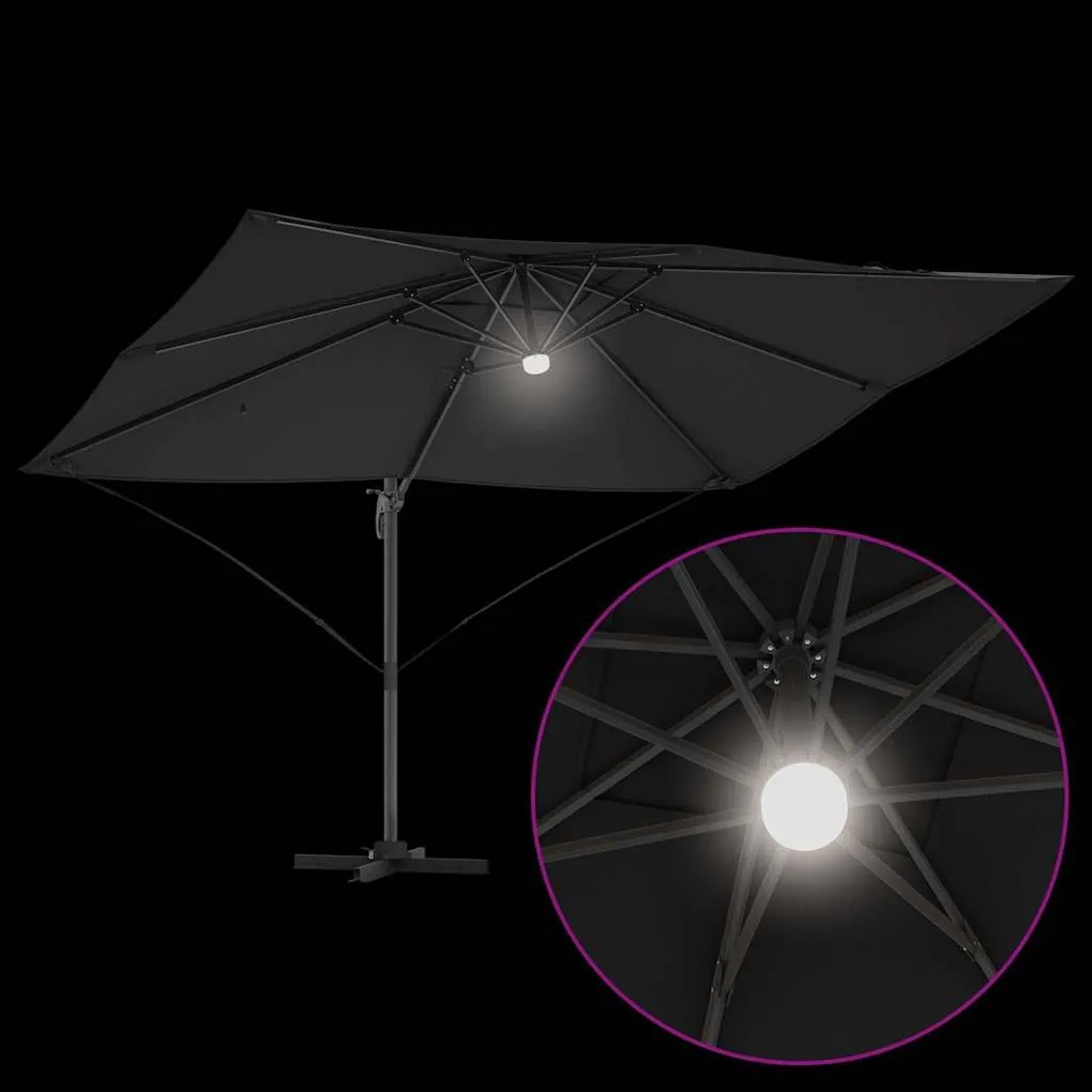 Guarda-Sol Cantilever Roma com LEDs em preto, 352x251x265 cm, feito de