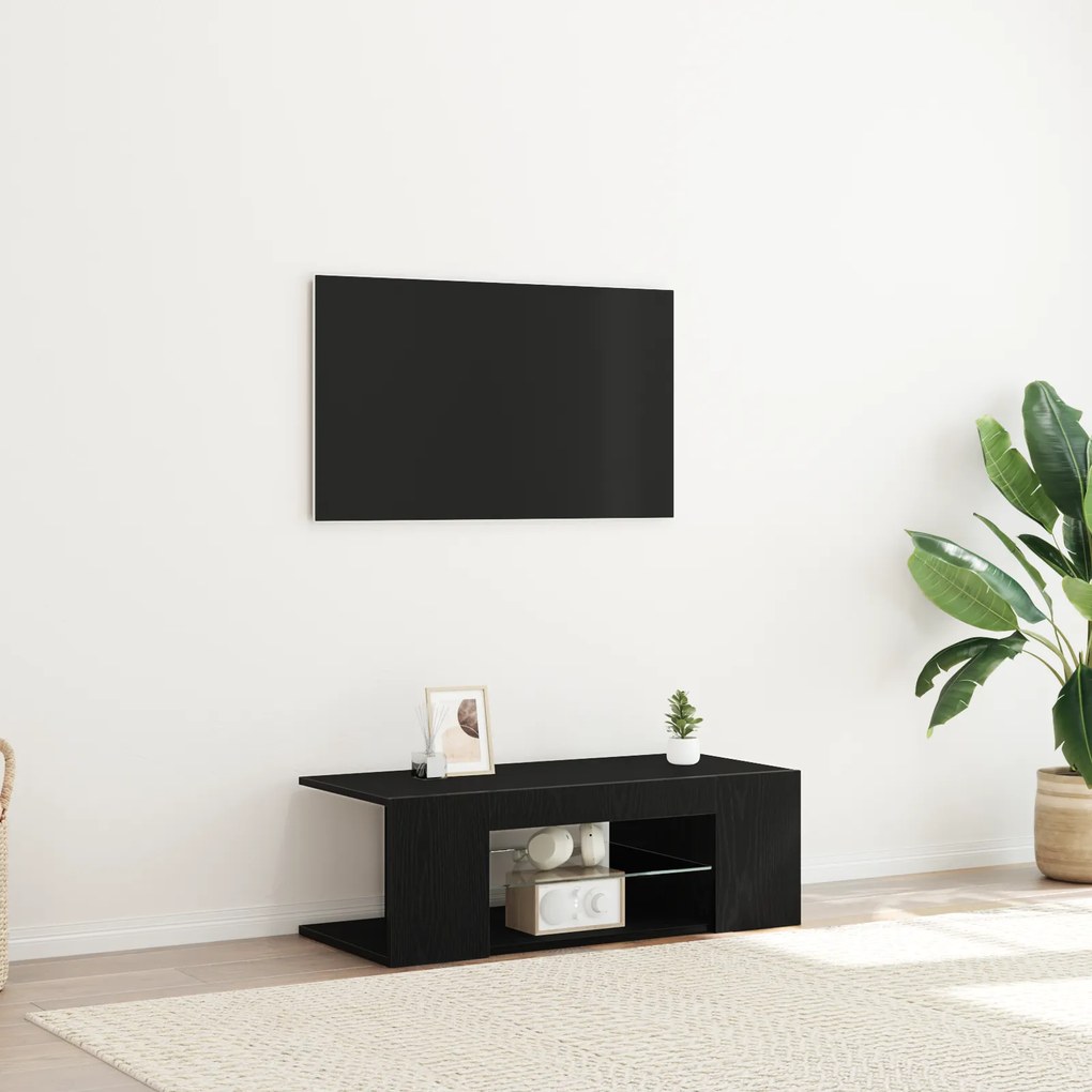 Armário de TV vidaXL com Luzes LED Carvalho Preto 90x39x30 cm Madeira Ingenere