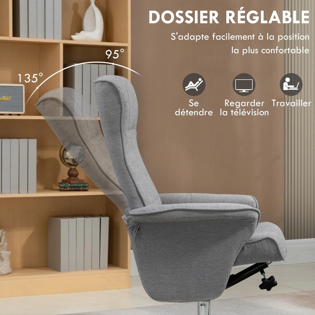 Poltrona relax reclinável a 135°, giratória a 360°, com apoio para os pés e estofo em tecido cinzento