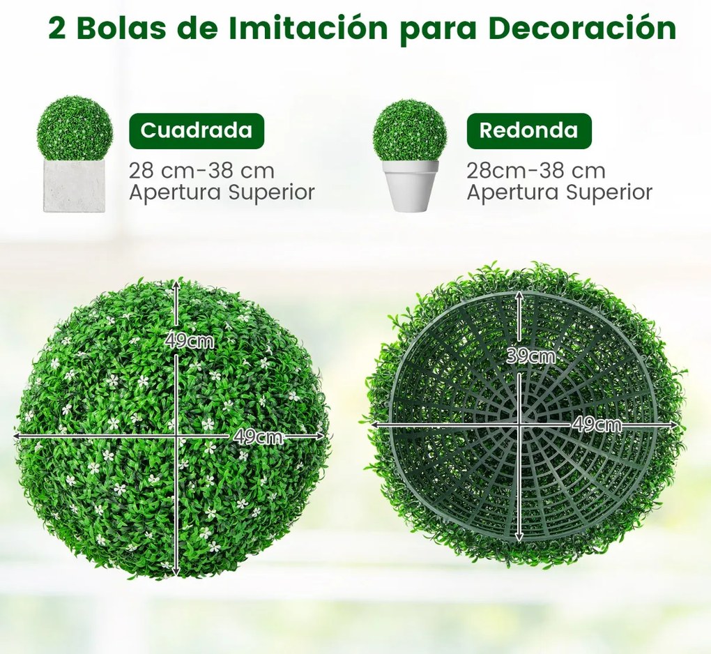 Conjunto de 2 plantas de bolas artificiais de 49 cm com 180 flores brancas para varanda verde