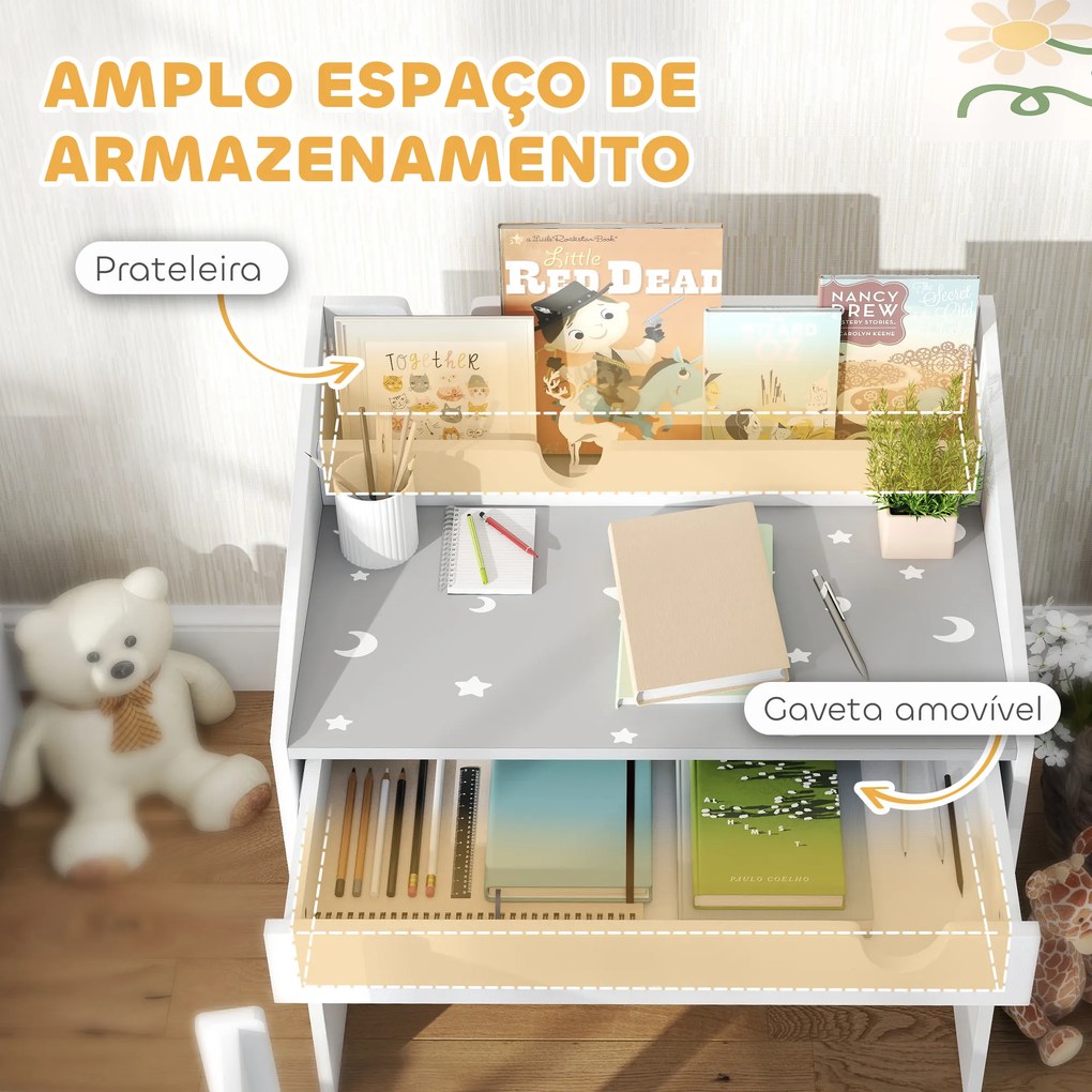 Conjunto de Secretária e Cadeira para Crianças com Gaveta Amovível e Compartimento para Dormitório Sala de Jogos Cinza e Branco