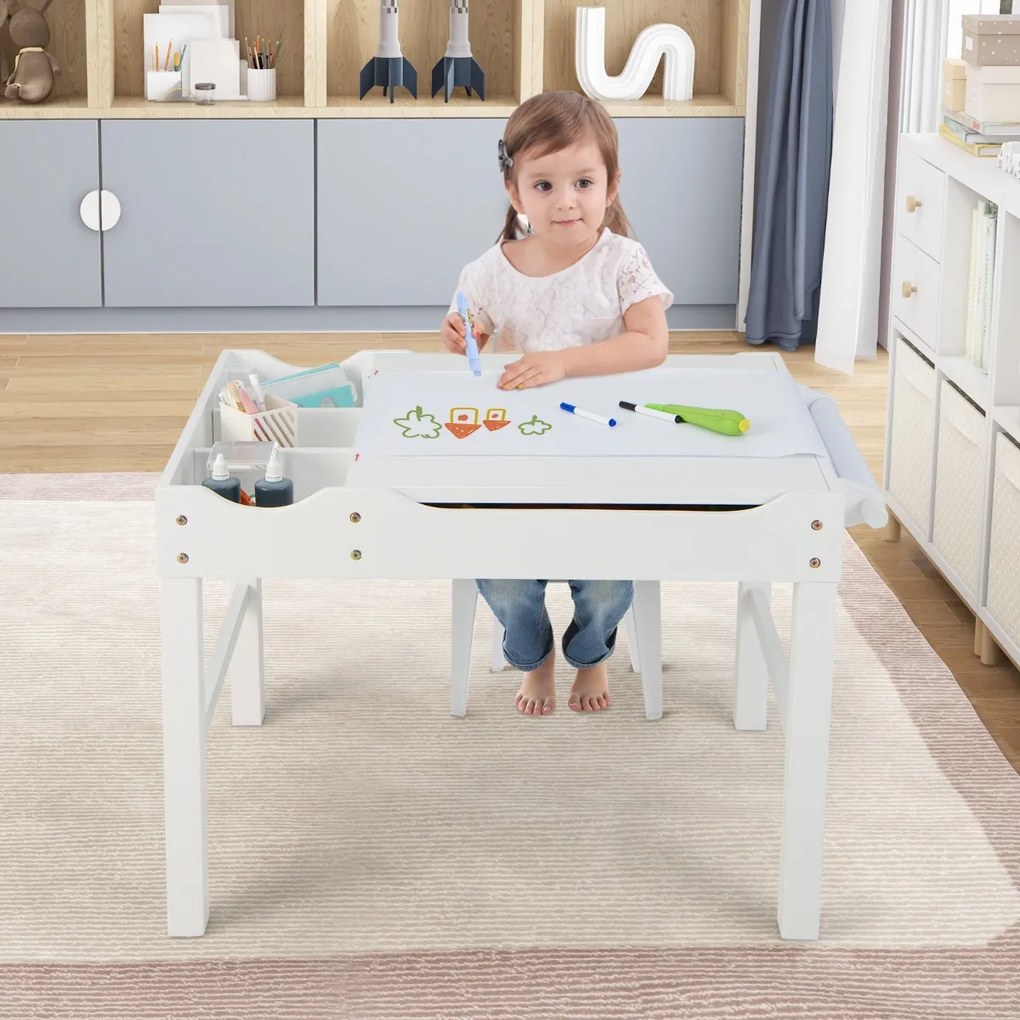 Mesa de atividades infantil em madeira com tabuleiro reversível, compartimentos e porta-rolo 86,5 x 60 x 57 cm Branco