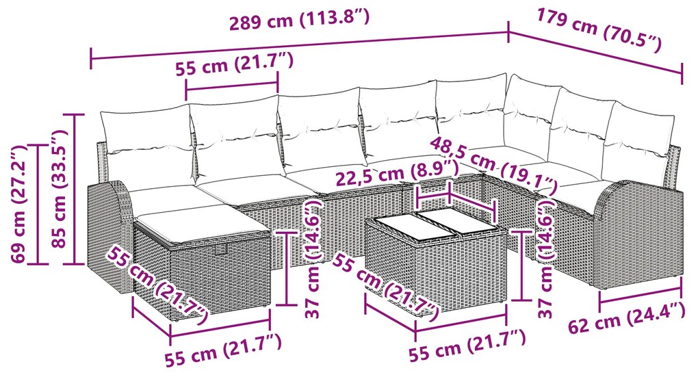 Conjunto de Sofá de Jardim de 9 Peças com Almofadas Cinza Poli Rattan