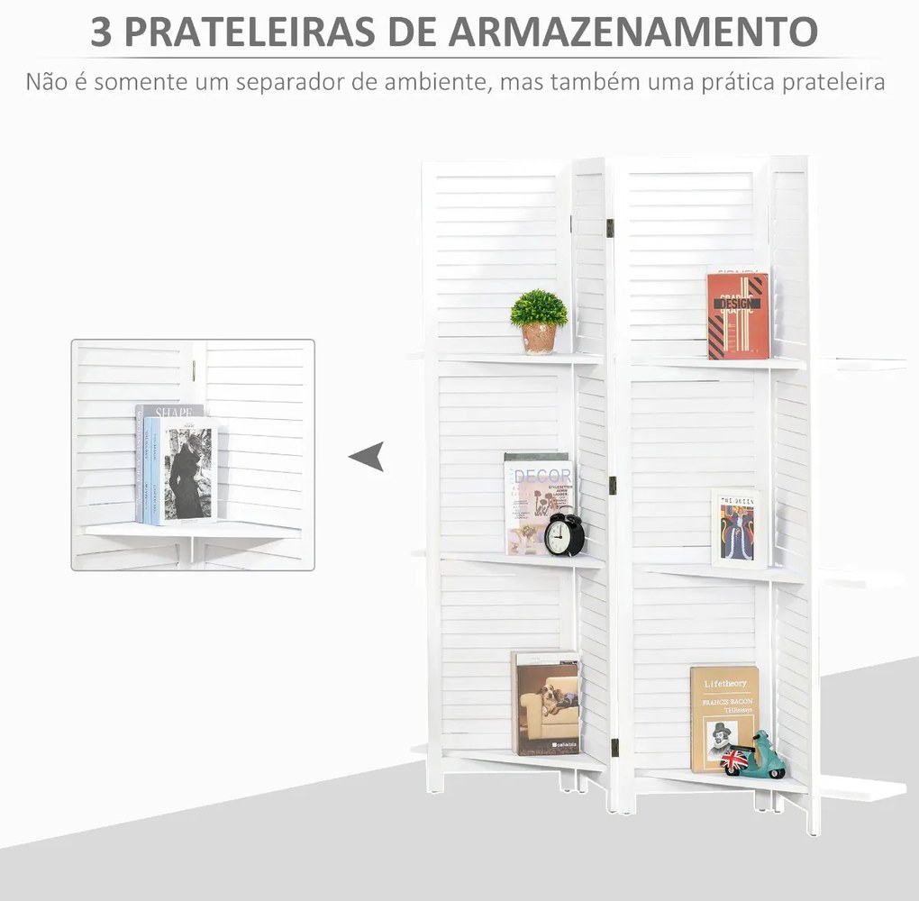 Biombo de 4 Painéis de Madeira Separador de Ambiente Dobrável com 3 Prateleiras Removíveis Desenho Persiana para Dormitório Escritório 160x170cm Branc