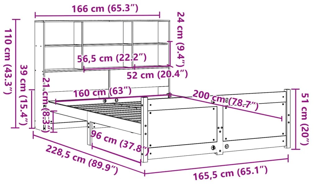 Cama com estante sem colchão 160x200 cm pinho maciço branco