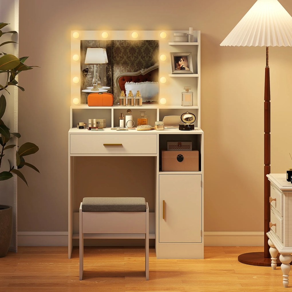 Toucador de Maquilhagem com Luzes LED Banco Espelho 3 Cores 10 Lâmpadas Gaveta Prateleiras e Compartimentos Branco