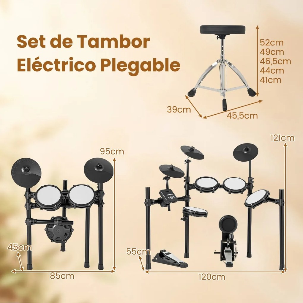 Conjunto de bateria elétrica Kit de bateria dobrável com almofadas de malha de 21 cm Pratos de 245 cm 225 sons e 30 demos Preto