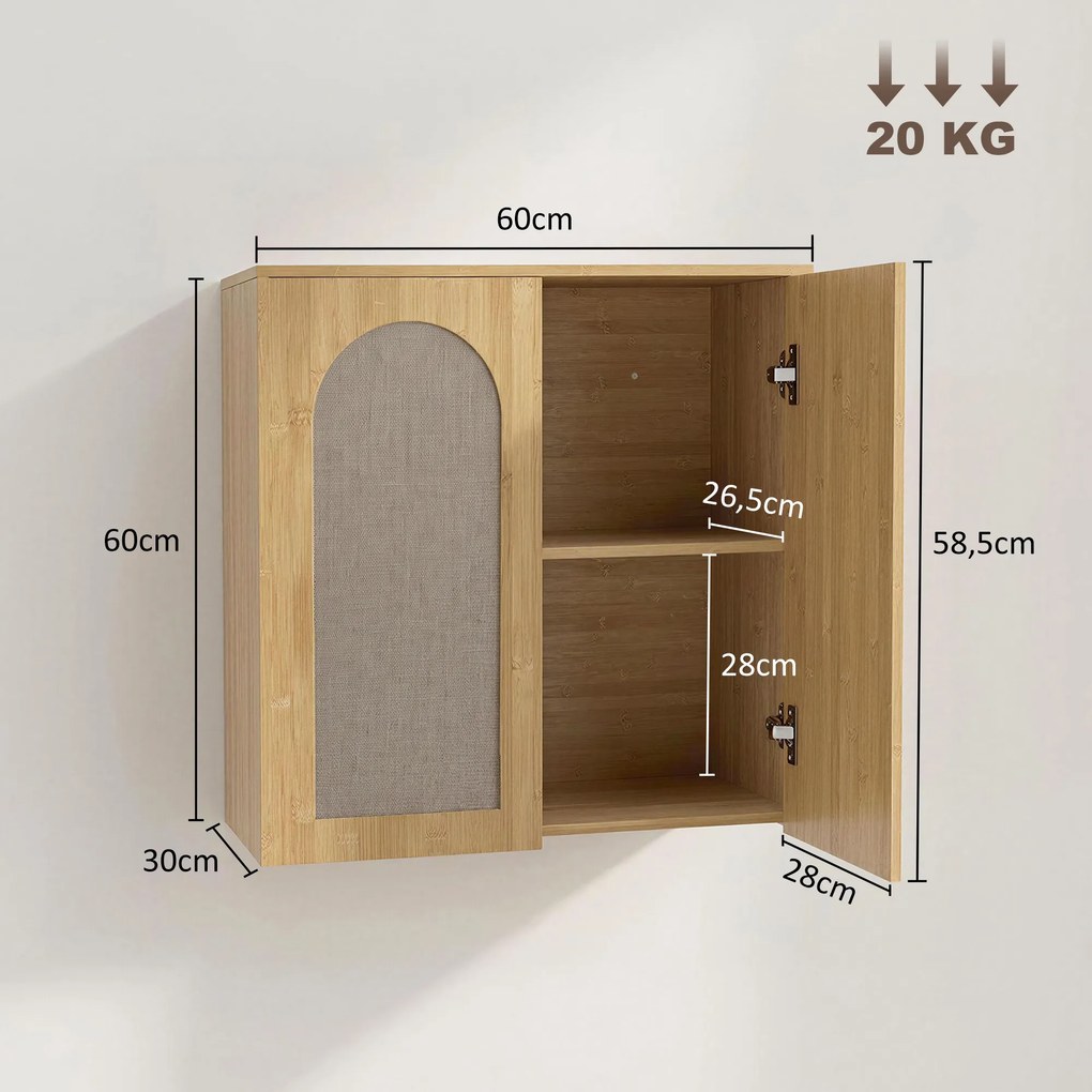 Armário de parede para casa de banho em estilo boémio 60 (L) x 30 (P) x 60 (A) cm, com 2 portas com efeito de rattan e fecho suave, e prateleira ajust