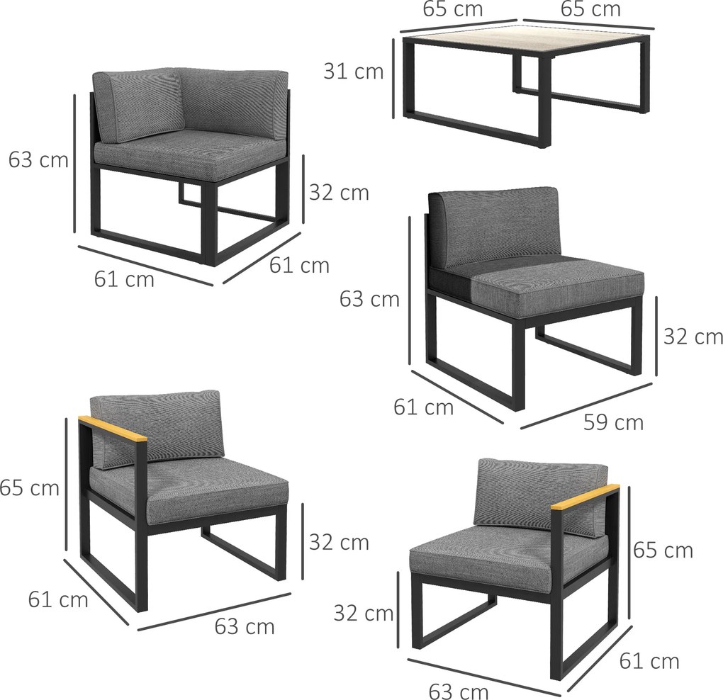 Conjunto de jardim de canto para exterior, design contemporâneo, 6 peças para 5 pessoas – em alumínio, grande conforto cinzento, natural