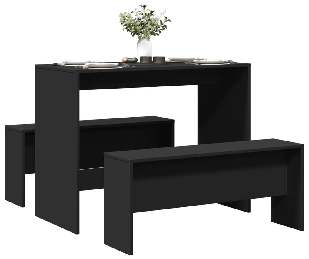 3 pcs conj. mesa de jantar e banco derivados de madeira preto