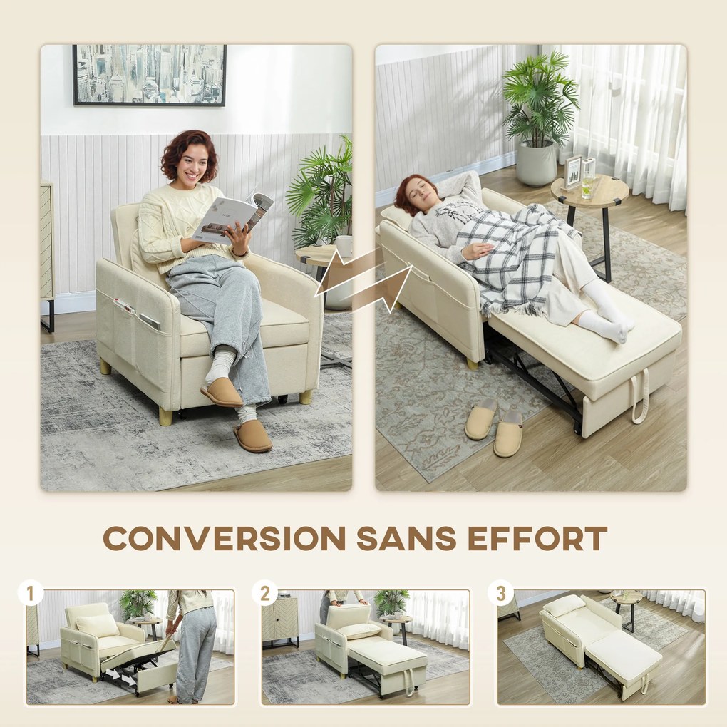 Poltrona-Cama Convertível de 1 Lugar, 85,5 x 74 x 82 cm, Transformação 3 em 1, Bege