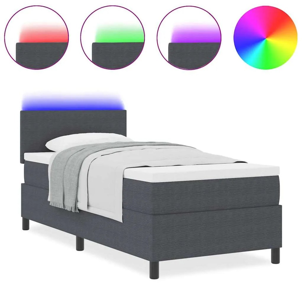 Cama Box Spring com Colchão &amp; Luz LED Cinza Escuro Cotelê Solteiro