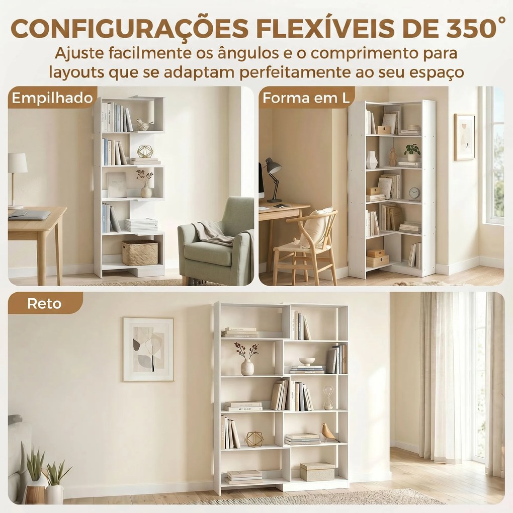 Estante Expansível 5 Níveis Estante para Livros Giratória 350° Largura Ajustável Convertível em L Reta ou Compacta 111,5x23,8x163,7 cm Branco
