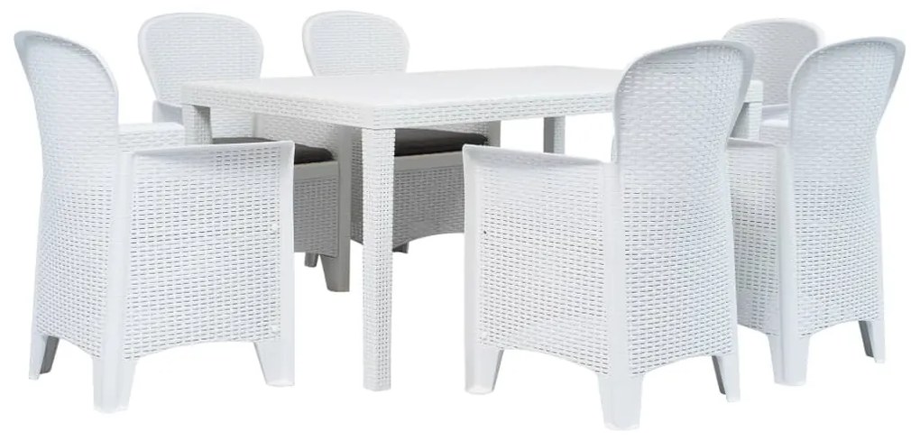 vidaXL Conj. jantar p/ exterior 7 pcs plástico branco aspeto de vime