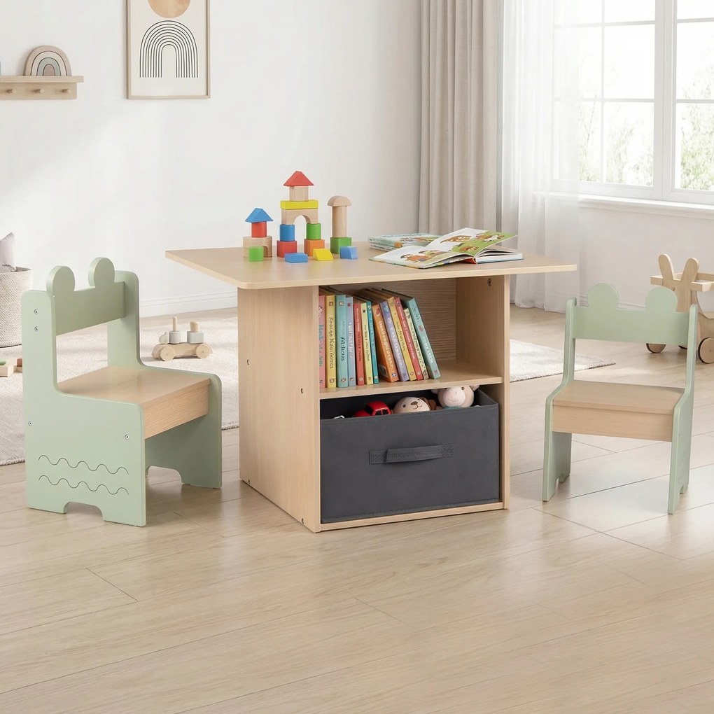 Conjunto de mesa e 2 cadeiras infantis, mesa de atividades com gavetas, tecido, dobrável, compartimentos de arrumação para crianças a partir dos 3 ano