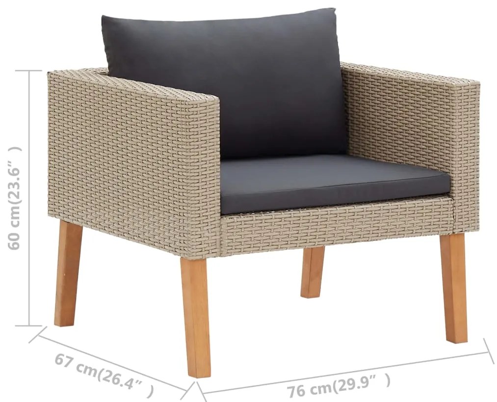 3 pcs conjunto lounge de jardim c/ almofadões vime PE bege