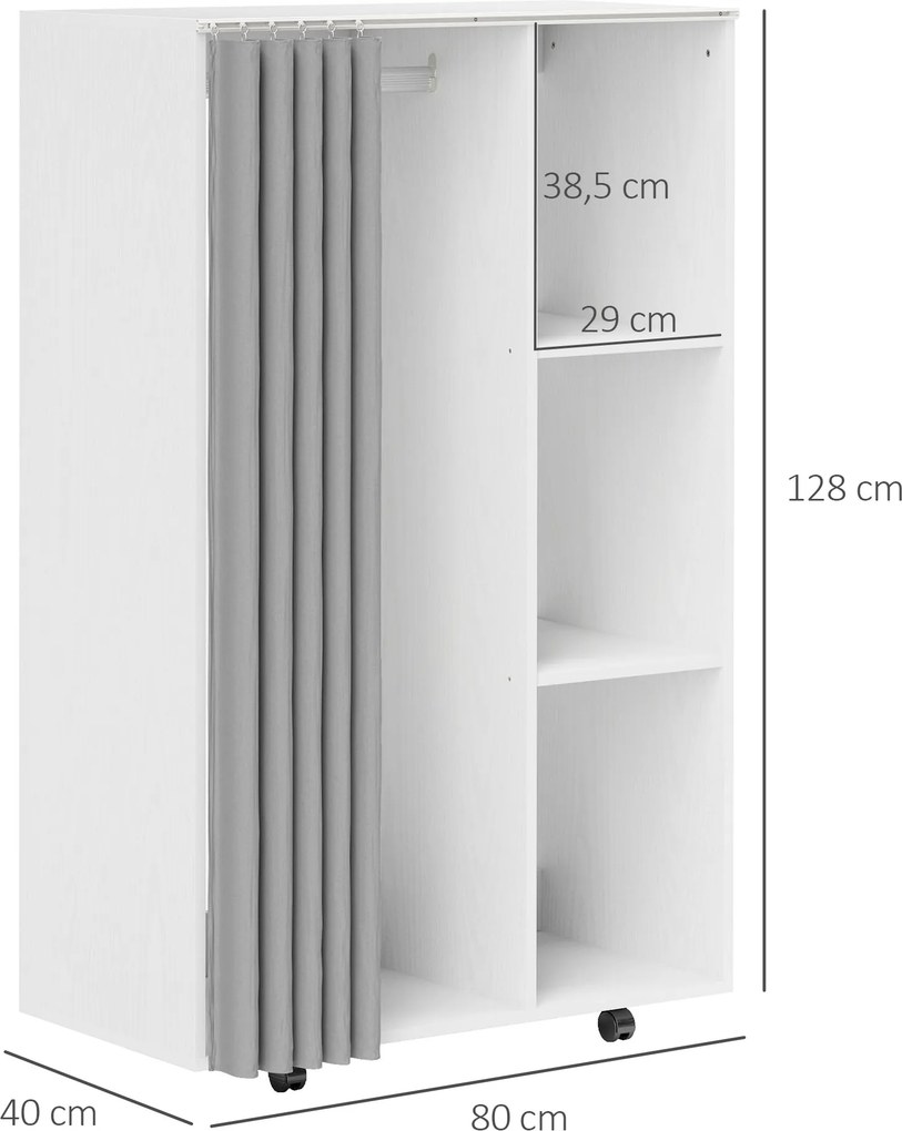 Guarda roupa aberto móvel com 4 Rodas 80 (L) x 40 (P) x 128 (A) cm, com varão para pendurar roupa e prateleiras abertas, branco