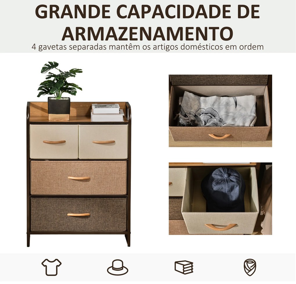 Cómoda de Tecido com 4 Cestos Removíveis e Dobráveis Base Elevada Móvel de Armazenamento 58x29x78,5 cm Multicor