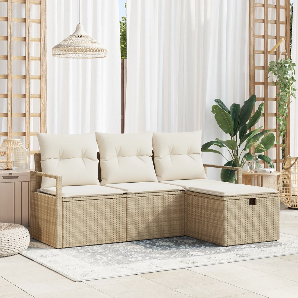 Conjunto de Sofá de Jardim 4 Peças com Almofadas Bege Rattan Poliéster