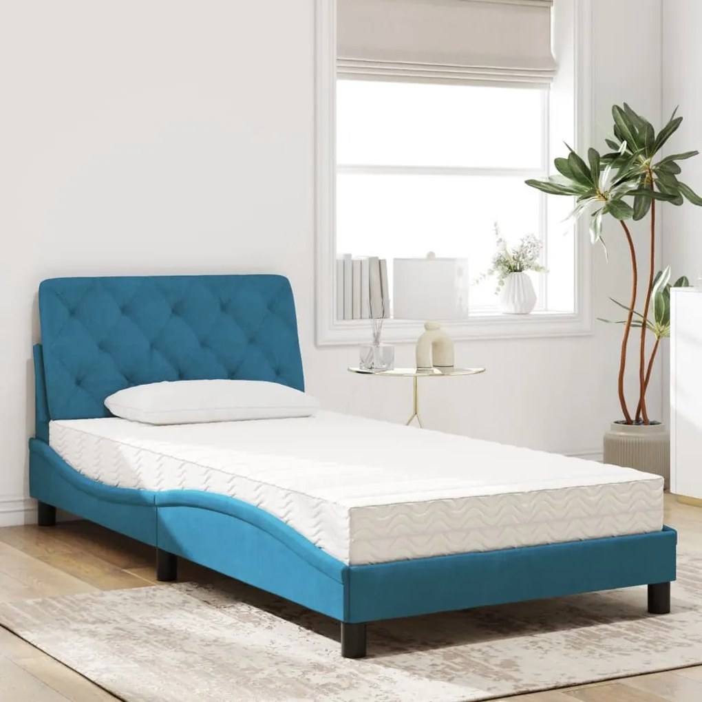 Cama com colchão 100x200 cm veludo azul