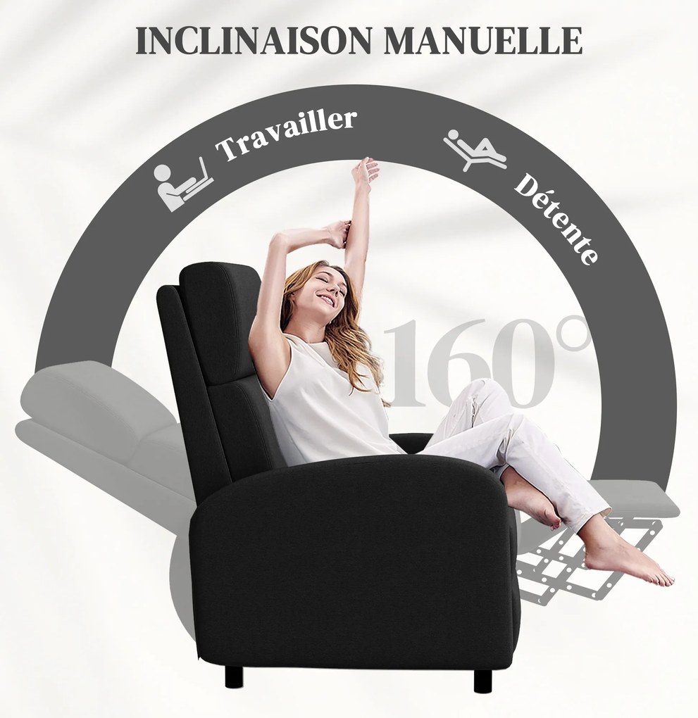 Poltrona relax, poltrona reclinável de sala, poltrona de relaxamento - encosto ajustável até 160°, apoio para os pés integrado Preta