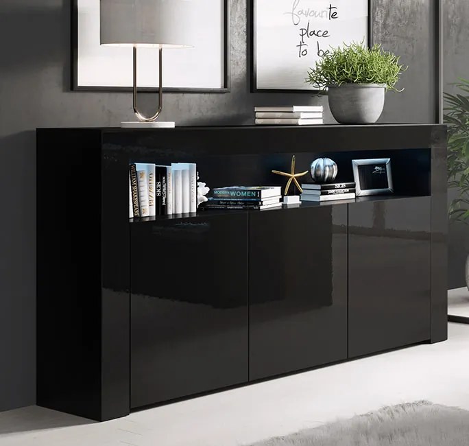 Aparador Alays – 155x37x91,5 cm – Preto Brilhante – 3 Portas com Luz L