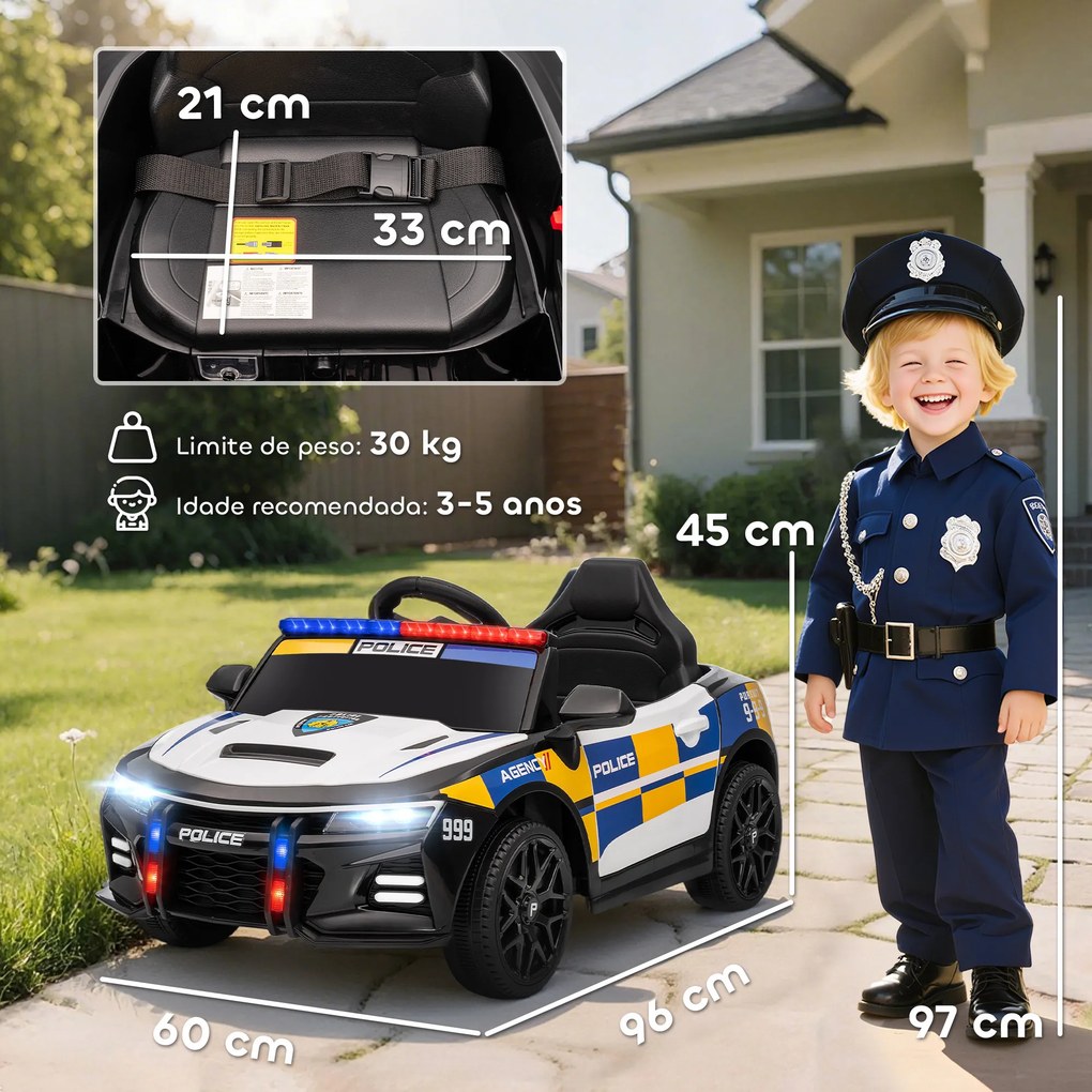 Carro Elétrico Infantil Modelo Policia 12V com Comando a Distância 2,4 Luzes Sirene Música USB e Suspensão 96x60x45 cm Multicor