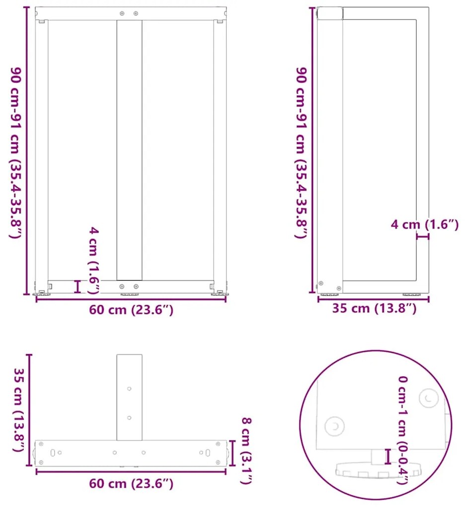 Pés de mesa de bar em forma de T, 2 peças, preto, 60x35x(90-91) cm, aç