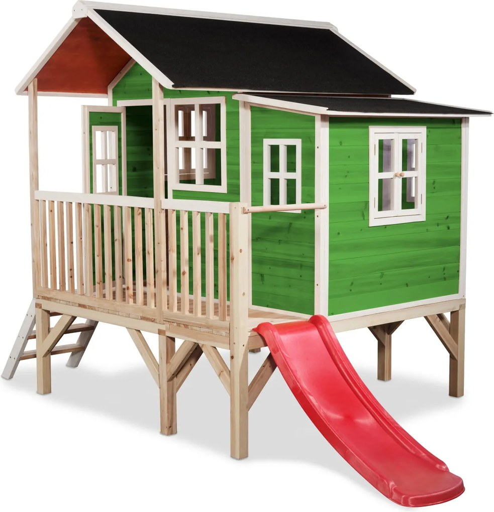 Casa de brincar infantil exterior para crianças Loft 350 em madeira com escorrega - Verde
