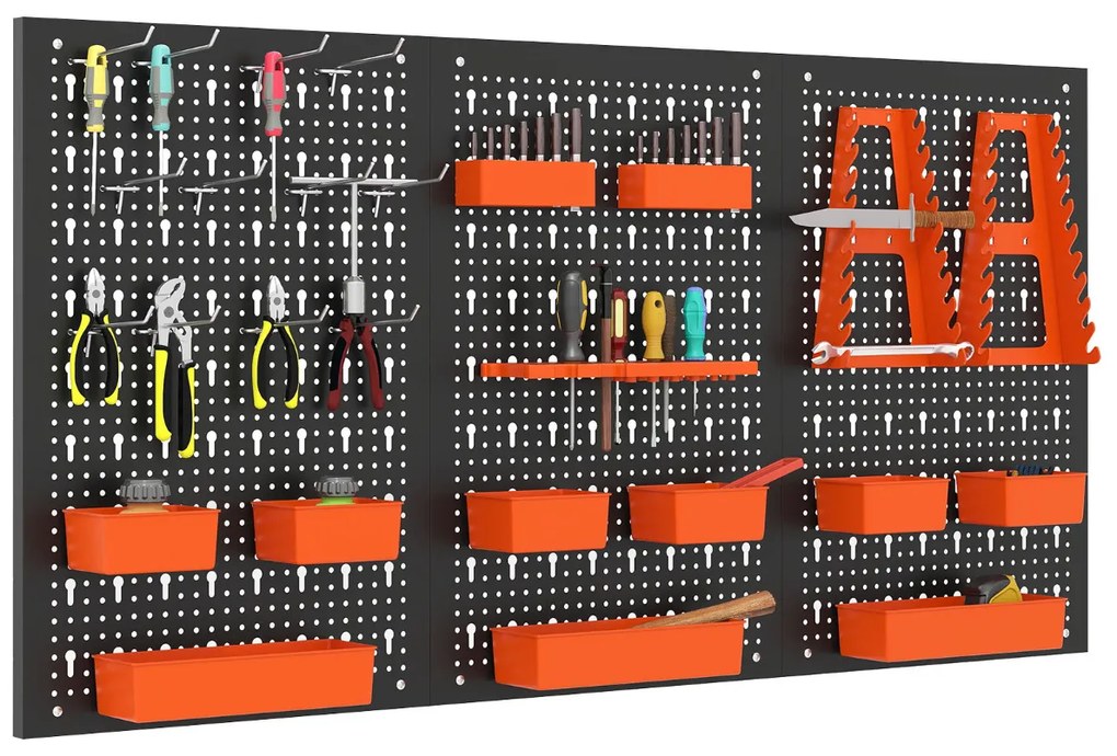 Organizador de parede de metal com painel perfurado para armazenamento de ferramentas com 3 painéis, 34 acessórios para pendurar, 9 compartimentos, suporte para ferramentas vermelho