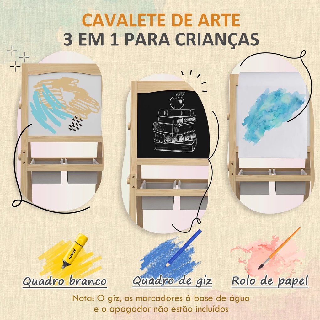 AIYAPLAY Cavalete para Crianças 3 em 1 Cavalete Duplo com Quadro preto e Quadro Branco Cavalete de Madeira para Desenhos com Rolo de Papel e 2 Cestas 58x50,5x109 cm Madeira