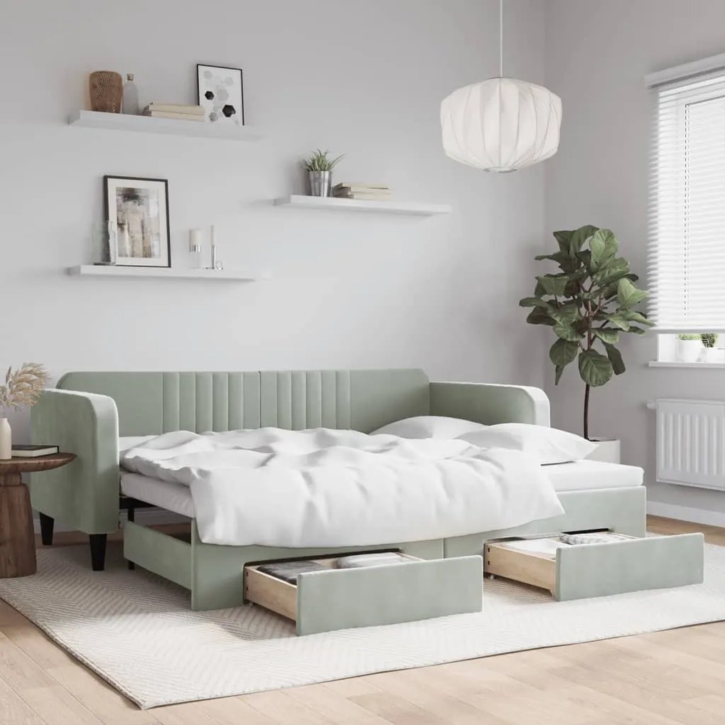 Sofá-cama c/ gavetão e gavetas 90x200 cm veludo cinzento-claro