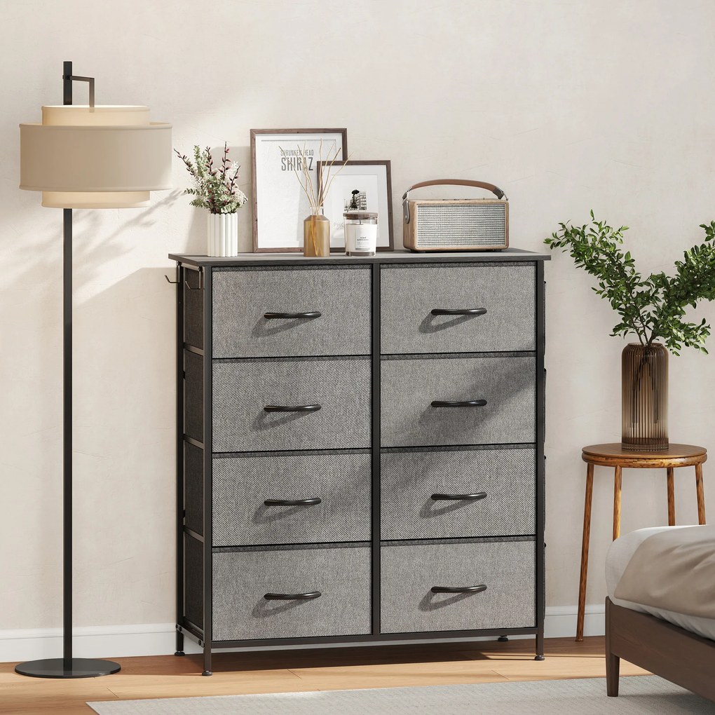 Cómoda de Arrumação, 86 x 30 x 94,5 cm, 8 Gavetas em Tecido, Cinzenta