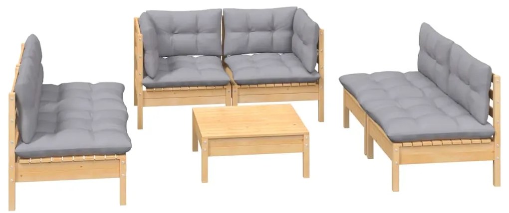 7 pcs conjunto lounge de jardim + almofadões cinza pinho maciço