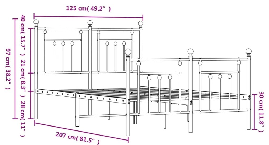 Estrutura de cama com cabeceira e pés 120x200 cm metal preto