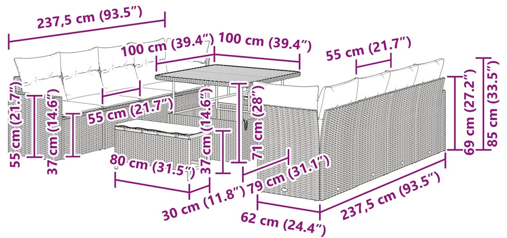 Conjunto de Sofás para Jardim de 11 Peças com Almofadas Cinza Polyratt