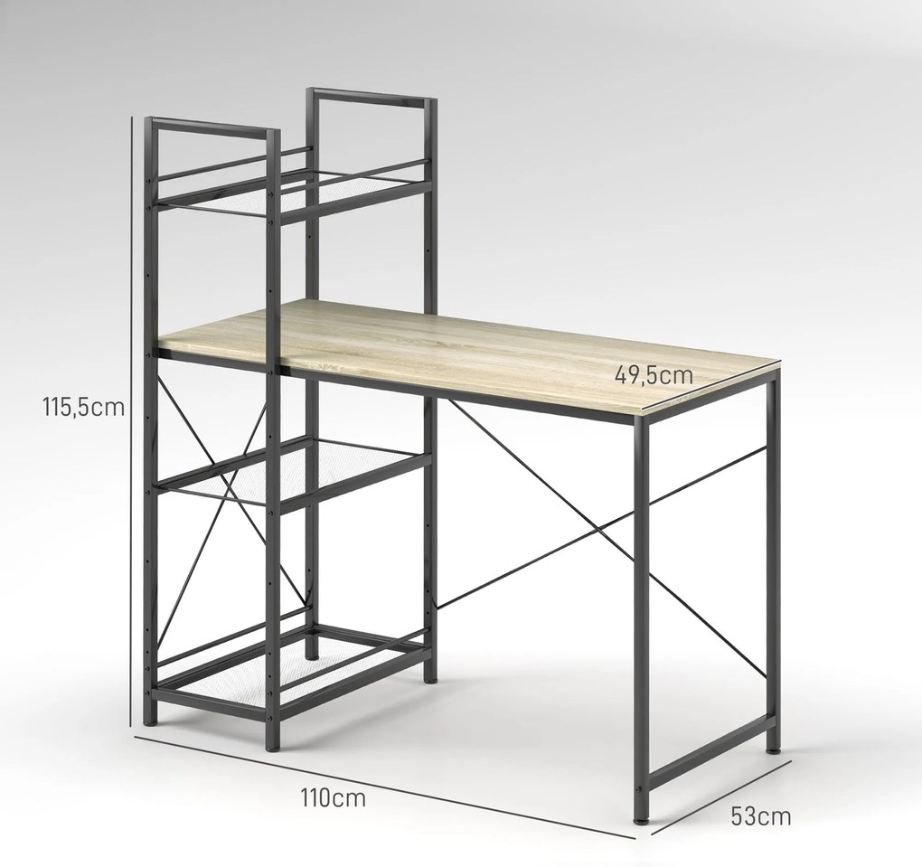 Secretária com Prateleira Reversível Estilo Industrial com Estrutura em Aço para Escritório 110x53x115,5 cm Carvalho e Preto