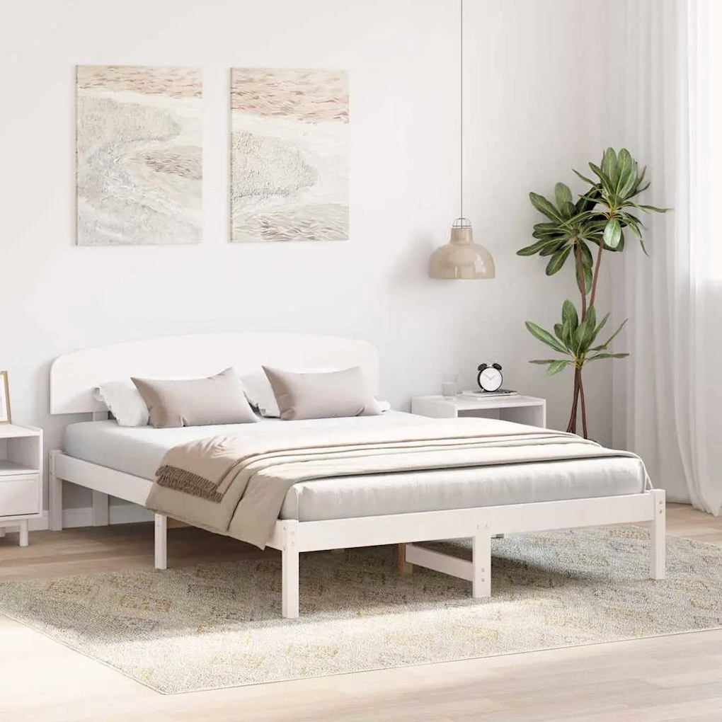 Estrado de Cama com Cabeceira Branca 160x200 cm Madeira Sólida de Pinh
