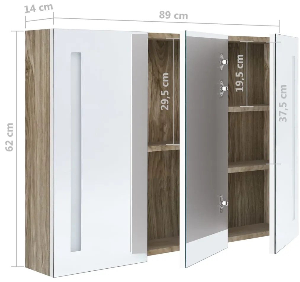 Armário espelhado casa de banho LED 89x14x62 cm branco/carvalho