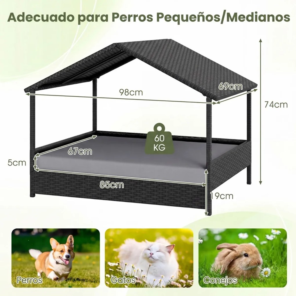 Cama de rattan para cães com toldo de rattan, para jardim 98 x 69 x 74 cm, Suporta 60 kg Almofada removível para interior e exterior cinza e preto